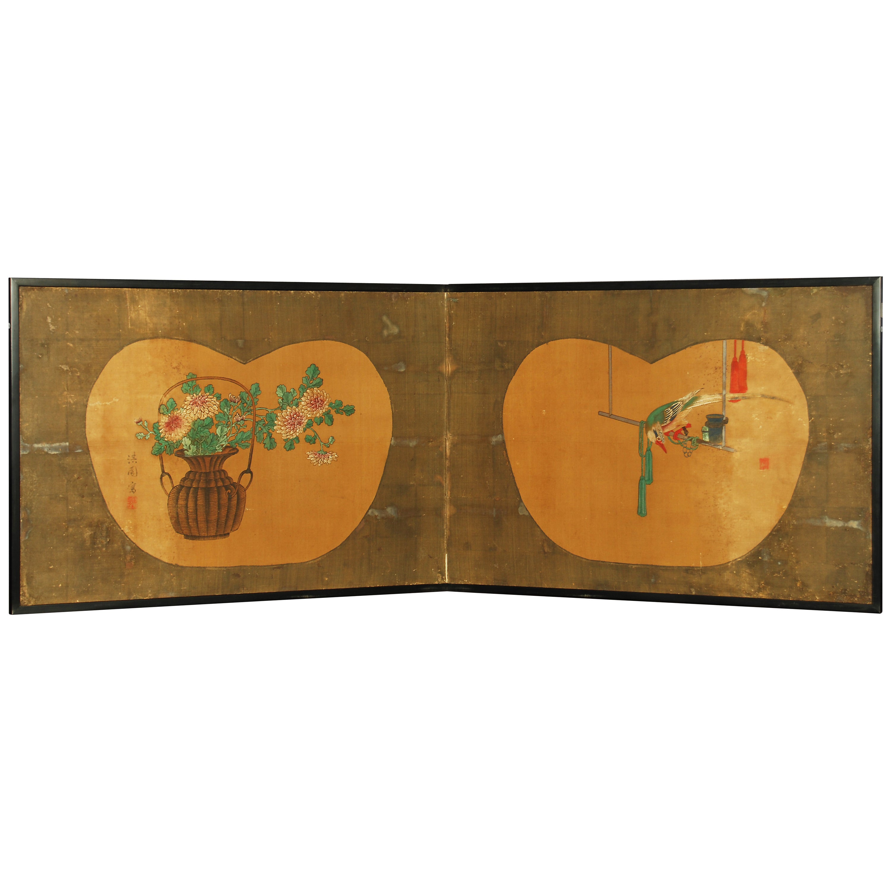 Antique Japanese Two-Panel Screen by Yanagisawa Kien