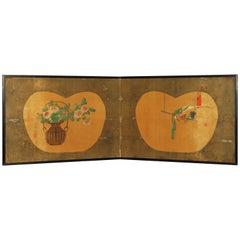 Paravent japonais ancien à deux panneaux par Yanagisawa Kien