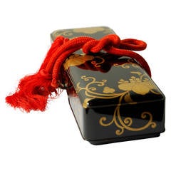 Antique Japanese Black Lacquer Scroll Box with Gold Maki-e Lacquer Design