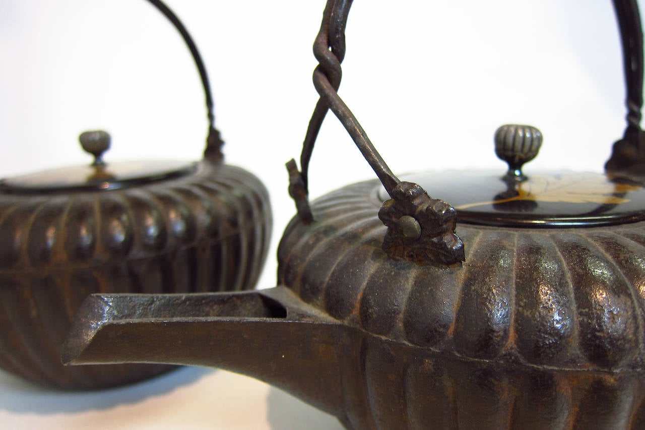 Pair of antique Japanese iron sake kettles with a Maki-e lacquer leaf decorated lid and silver finial, Meiji period, circa 1900.

Measures: H 14 cm x W 20 cm x D 17 cm.