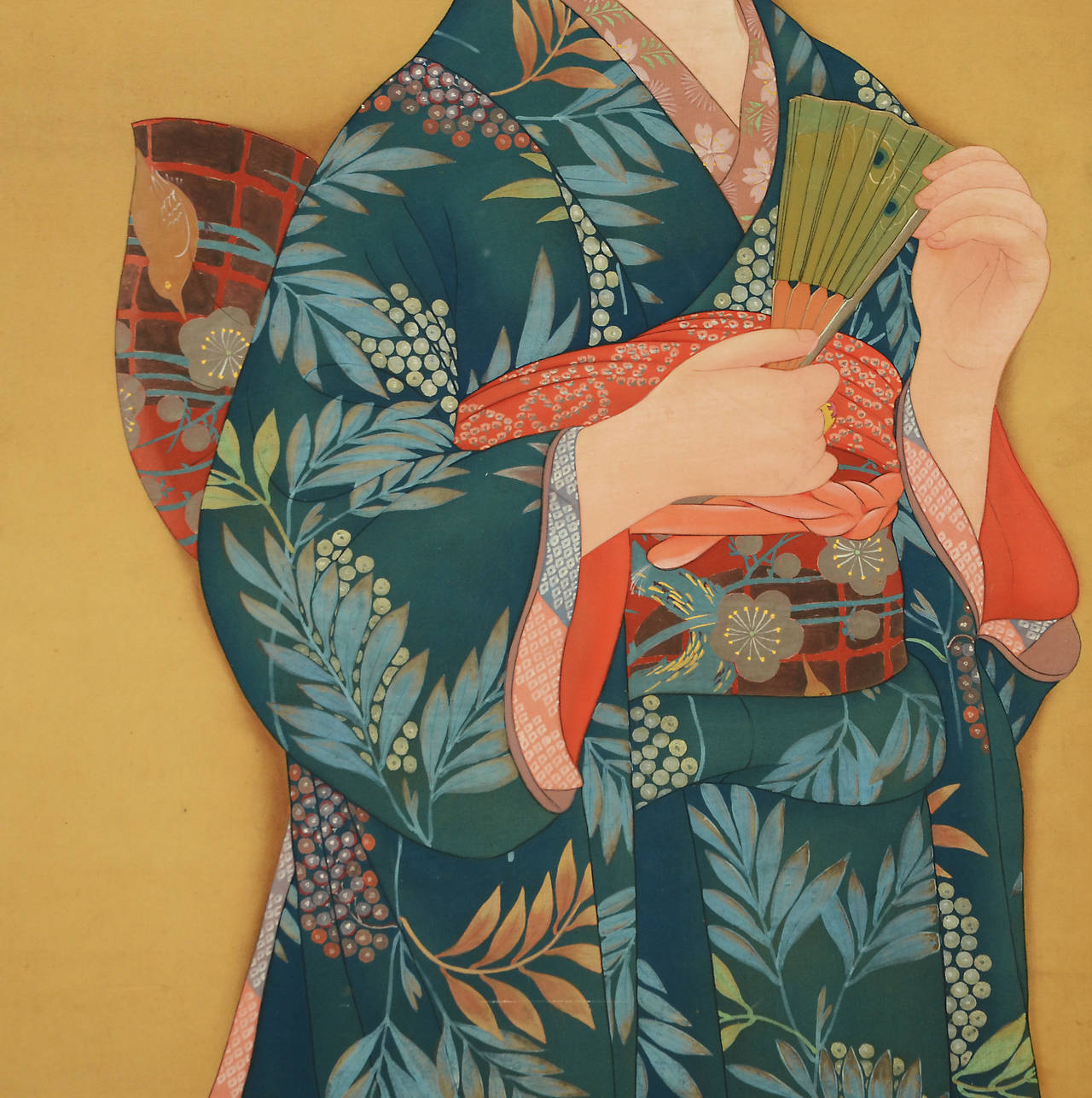 Rare Japanese Taisho period Bijin-ga style painting of a beautiful woman in period kimono holding a fan, circa 1920.

Bijin-ga is a Japanese term used to describe paintings or pictures of beautiful women in Japanese Art.

Materials ink and color