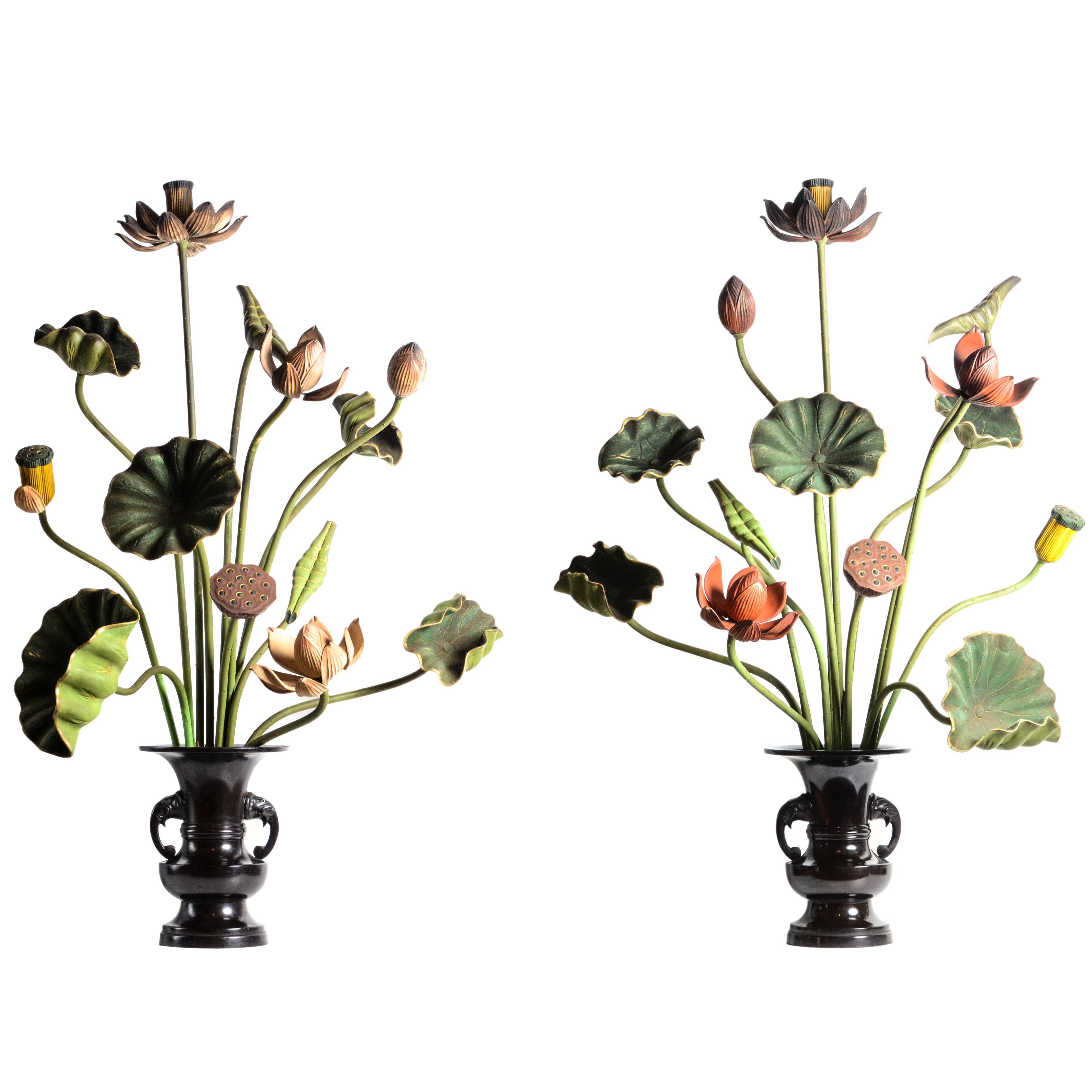 Antique Japanese Painted and Gilded Temple Flowers in Bronze Vases at 1stDibs