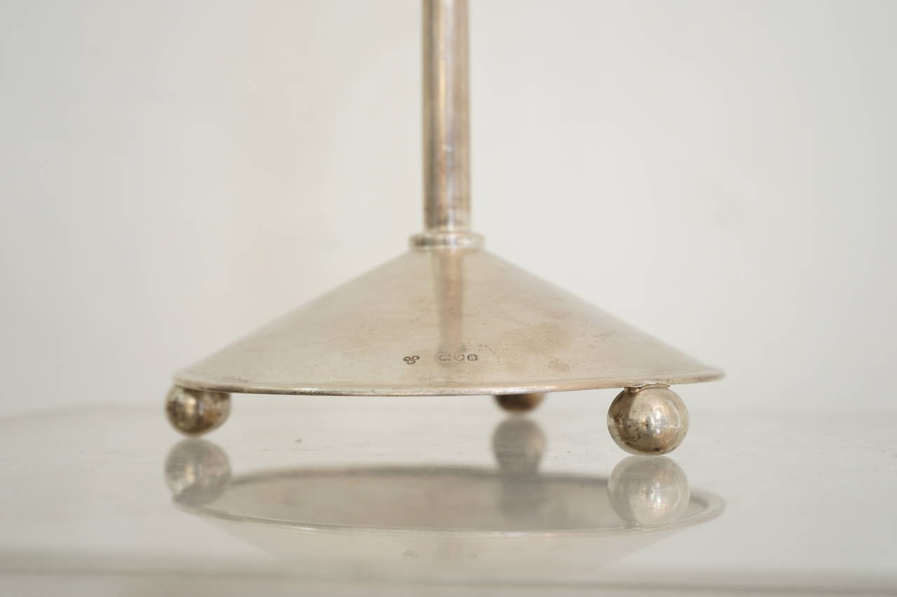 English sterling silver three-arm candlestick (Candelabra) by Herbert Edwin Willis, 1896, all parts are hallmarked. Remarkably modern piece, clearly ahead of it's time.