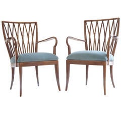 Pair of Italian Elm Side Chairs, Blue Velvet Upholstery, c1940