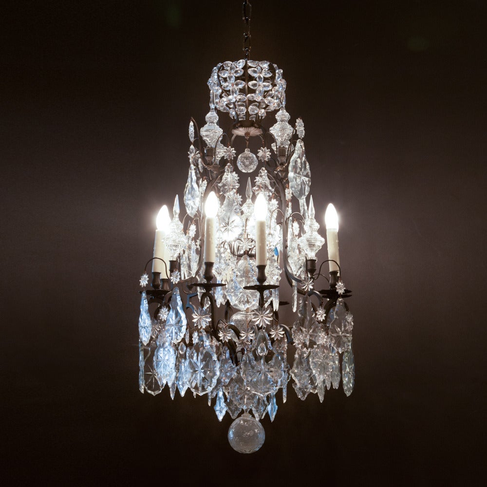 Pair of Crystal French Bronze Caged Chandeliers, circa 1895