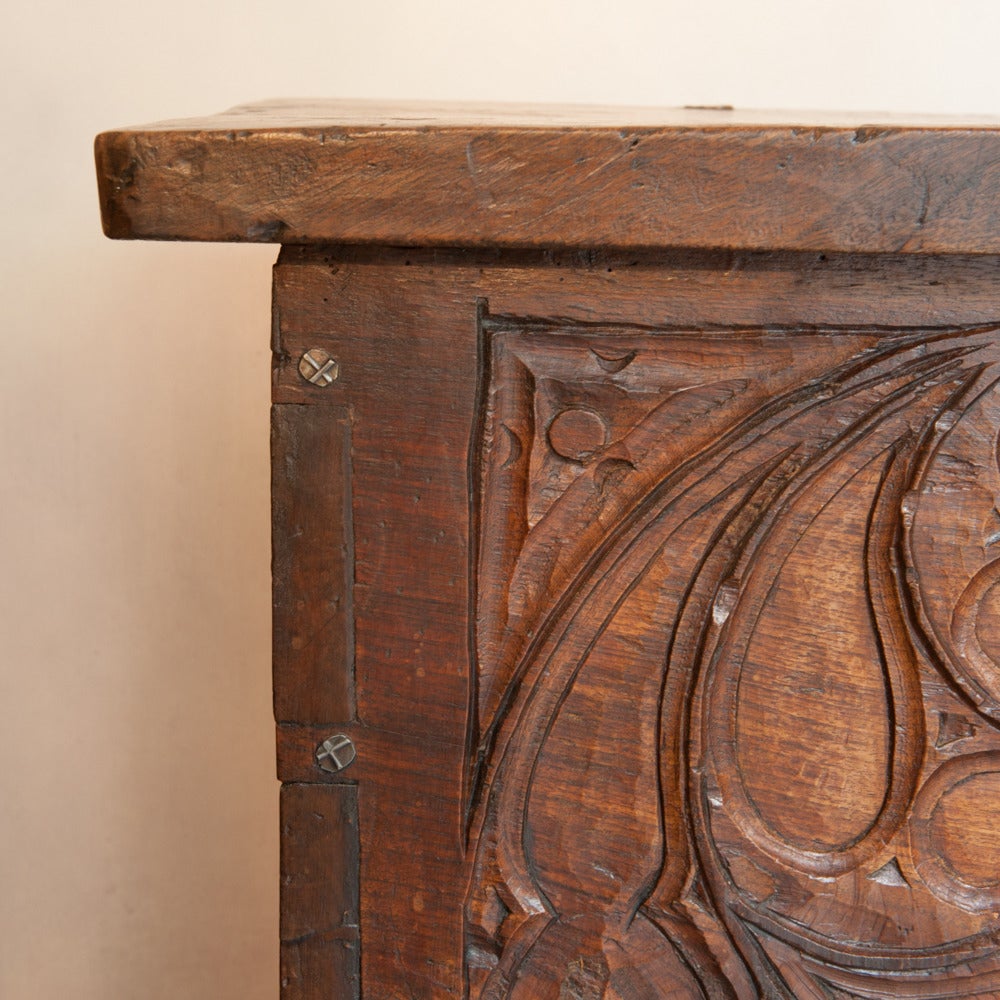 Carved 17th Century French Walnut Trunk For Sale