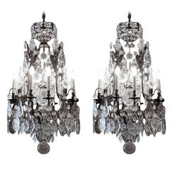 Pair of Crystal French Bronze Caged Chandeliers, circa 1895