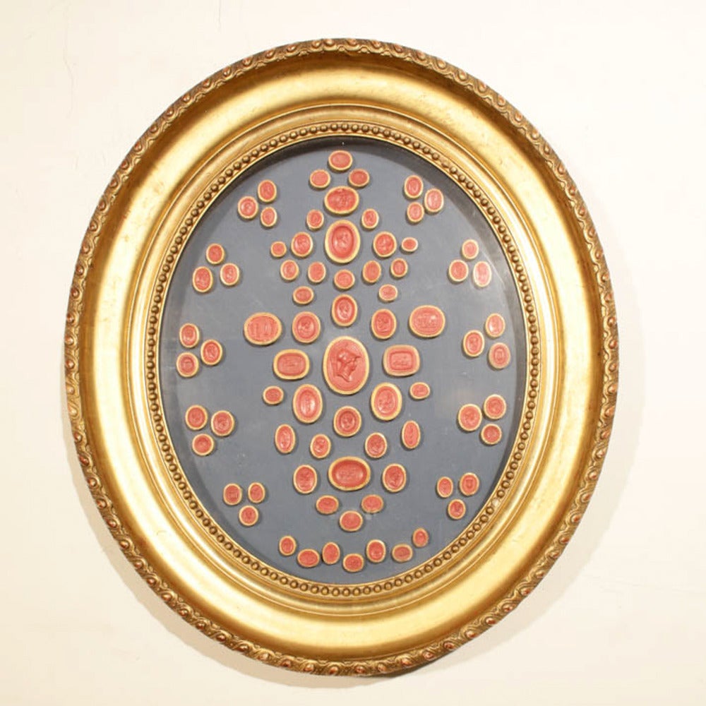 19th Century Louis XVI Style Water Gilt Frame With Red Waxed And Gilt Edged Intaglio Seals