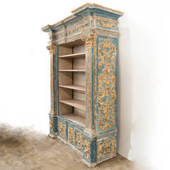 Italian 17th Century Boiserie Bookcase in Original Parcel Water Gilt and Cobalt