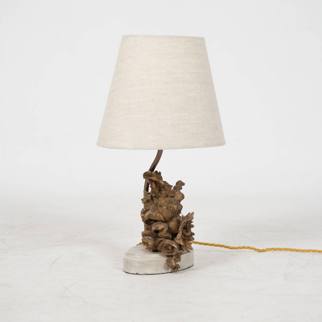 Gilded Finial Branch of Foliate Carving with Oval Linen Shade