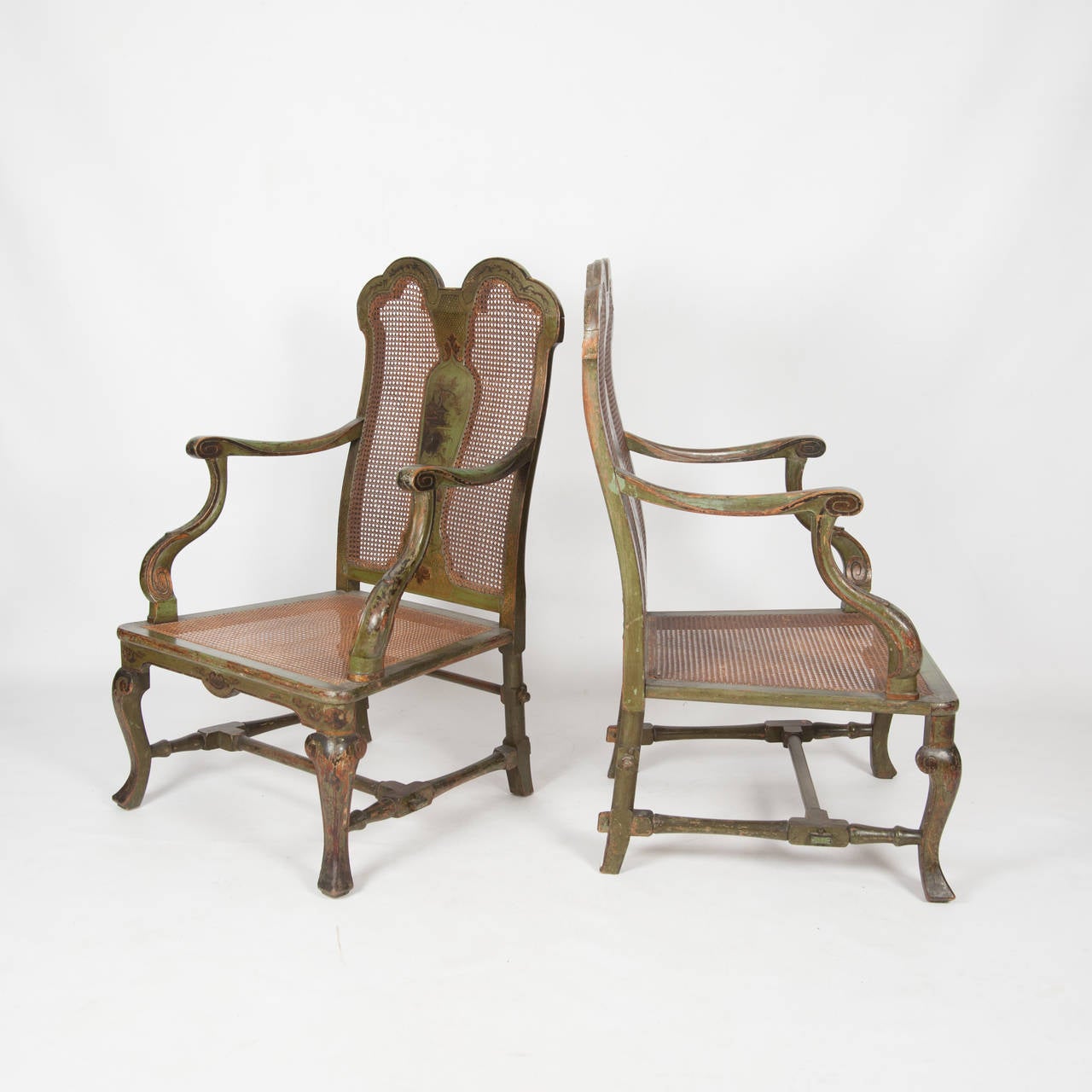 Superb Pair of English Green Lacquer Chippendale Style Armchairs, circa 1840