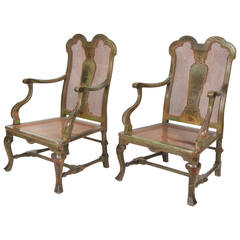 Superb Pair of English Green Lacquer Chippendale Style Armchairs, circa 1840