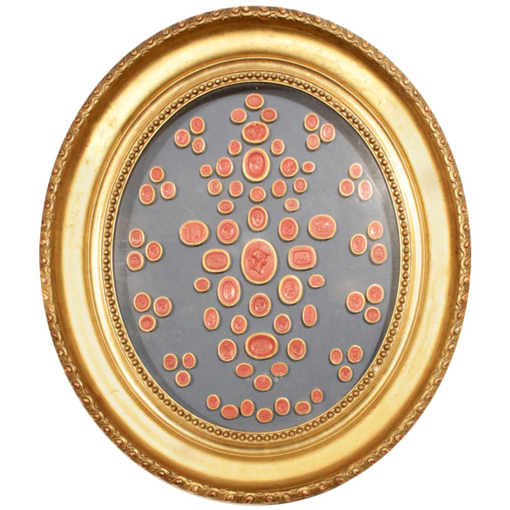 19th Century Water Gilt Frame with Red Waxed and Gilt Edged Intaglio Seals For Sale
