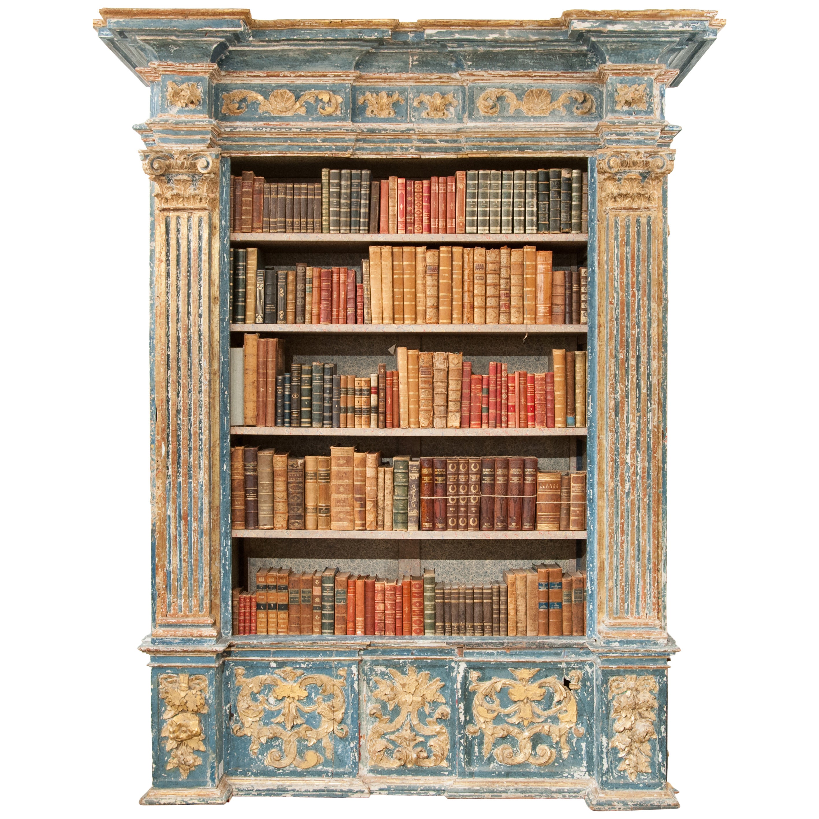 Italian 17th Century Boiserie Bookcase in Original Parcel Water Gilt and Cobalt For Sale