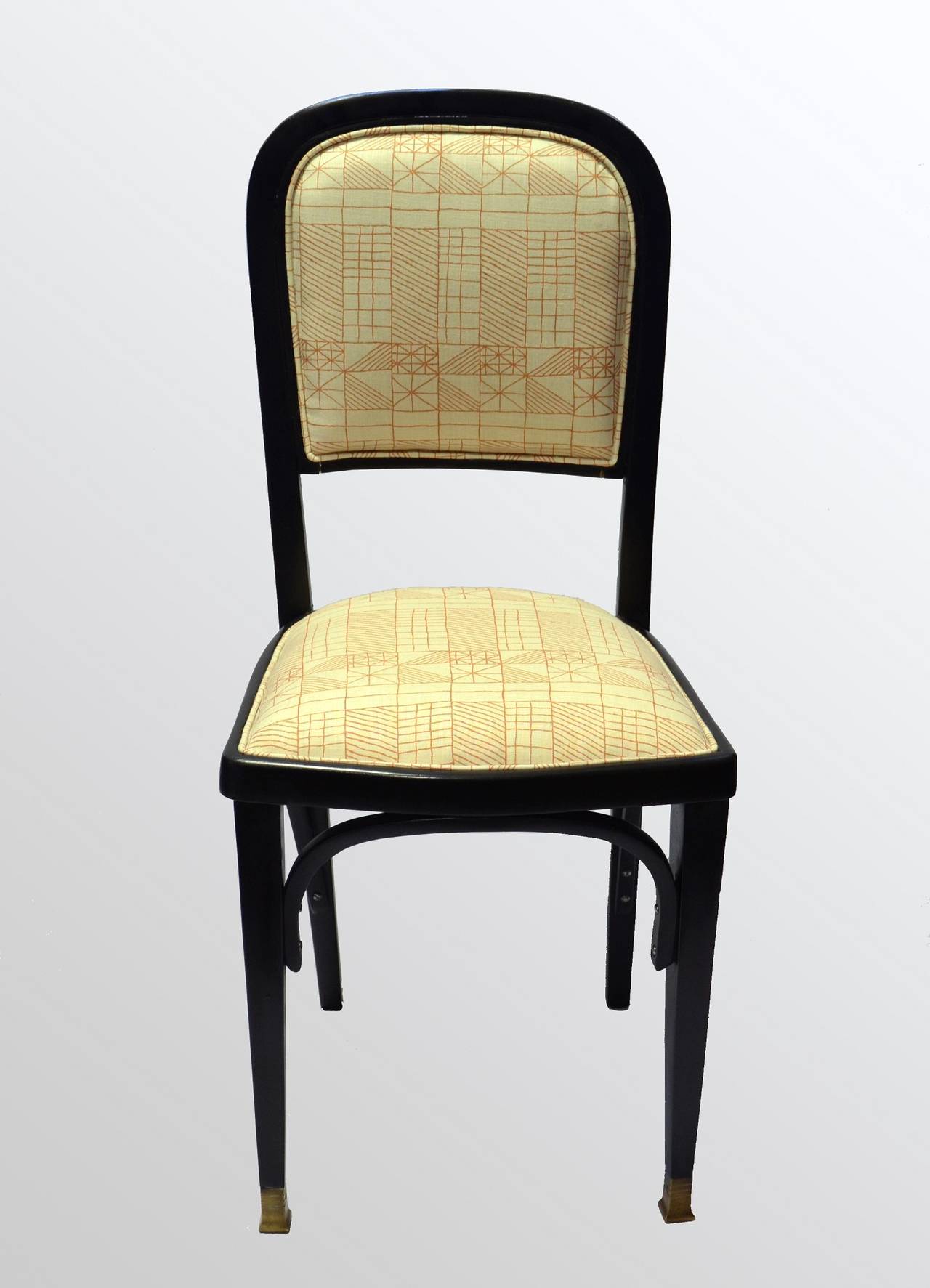 A pair Vienna Secession armchairs with brass feet in ebonised beech wood by Gustav Siegel, produced by J. & J. Kohn,

Upholstered in Kerry Joyce Linen and Velvet.  

Austrian, circa 1900 This chair was exhibited for the first time at the