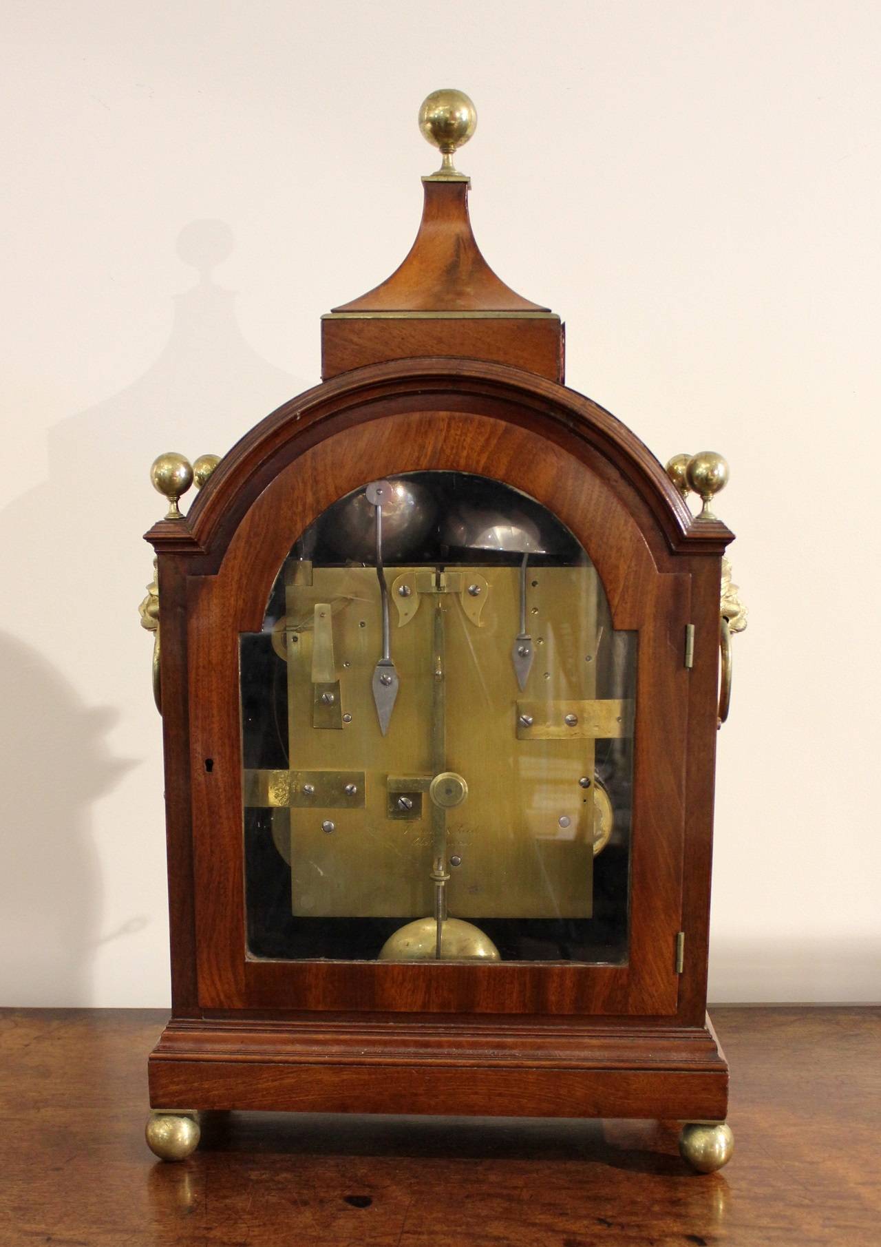 English Regency Period Mahogany and Brass Mounted Three-Train, Bracket Clock For Sale