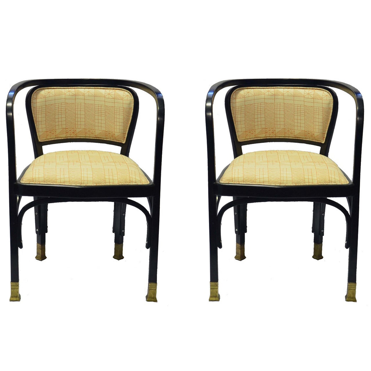 Pair of Vienna Secession Bentwood Armchairs with Brass Sabots by Gustav Siegel For Sale