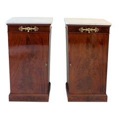 Pair of Jacob French Empire Flame Mahogany Marble-Top Pedestal Cabinets