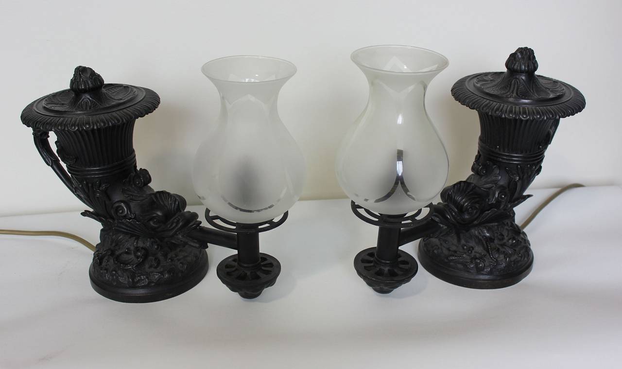 Regency Pair of William IV Patinated Bronze Colza-Oil Lamps For Sale