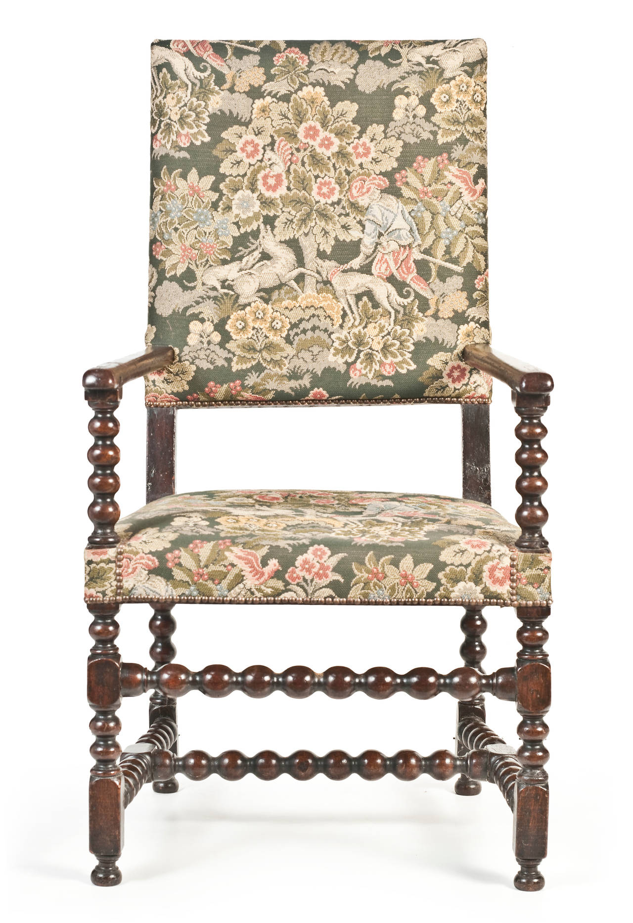 Early 19th century French oak bobbin-turned tapestry upholstered armchair.

This armchair would look exceptional in a plain off-white piped or studded material. If I have little interest, I'll have reupholstered.

Note: Just arrived from France.