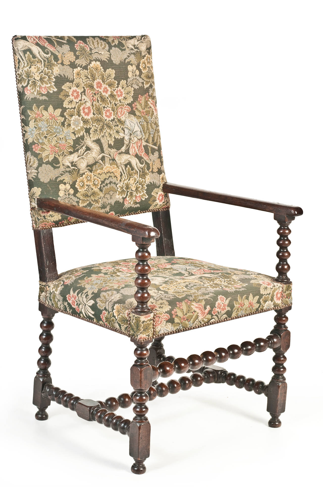 Early 19th Century French Oak Bobbin-Turned Tapestry Upholstered Armchair In Good Condition For Sale In Malvern, Victoria