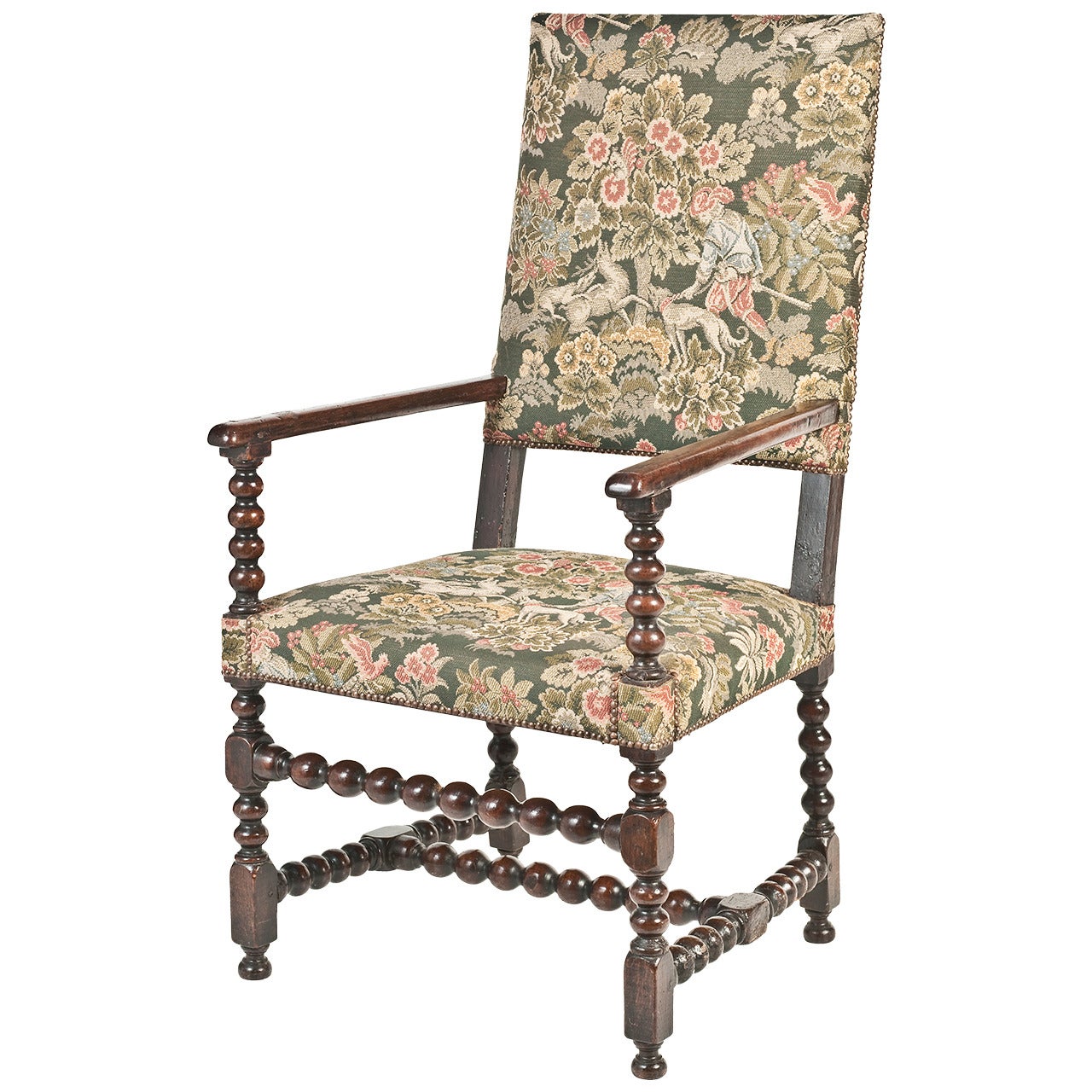 Early 19th Century French Oak Bobbin-Turned Tapestry Upholstered Armchair For Sale