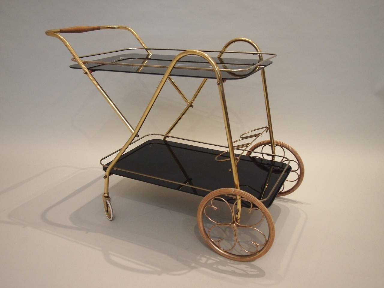 20th Century Brass and Black Glass Drinks Trolley