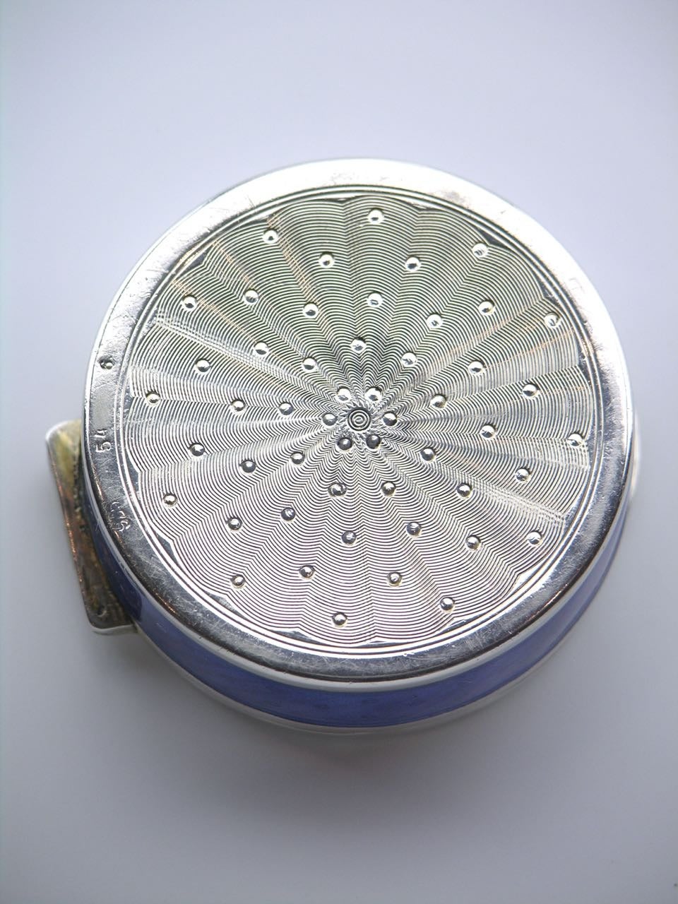 Art Deco Solid silver cornflower blue enamel round box