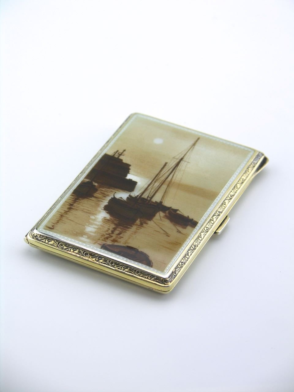 Early 20th Century Solid Silver and Sepia Enamel Boating Scene Case