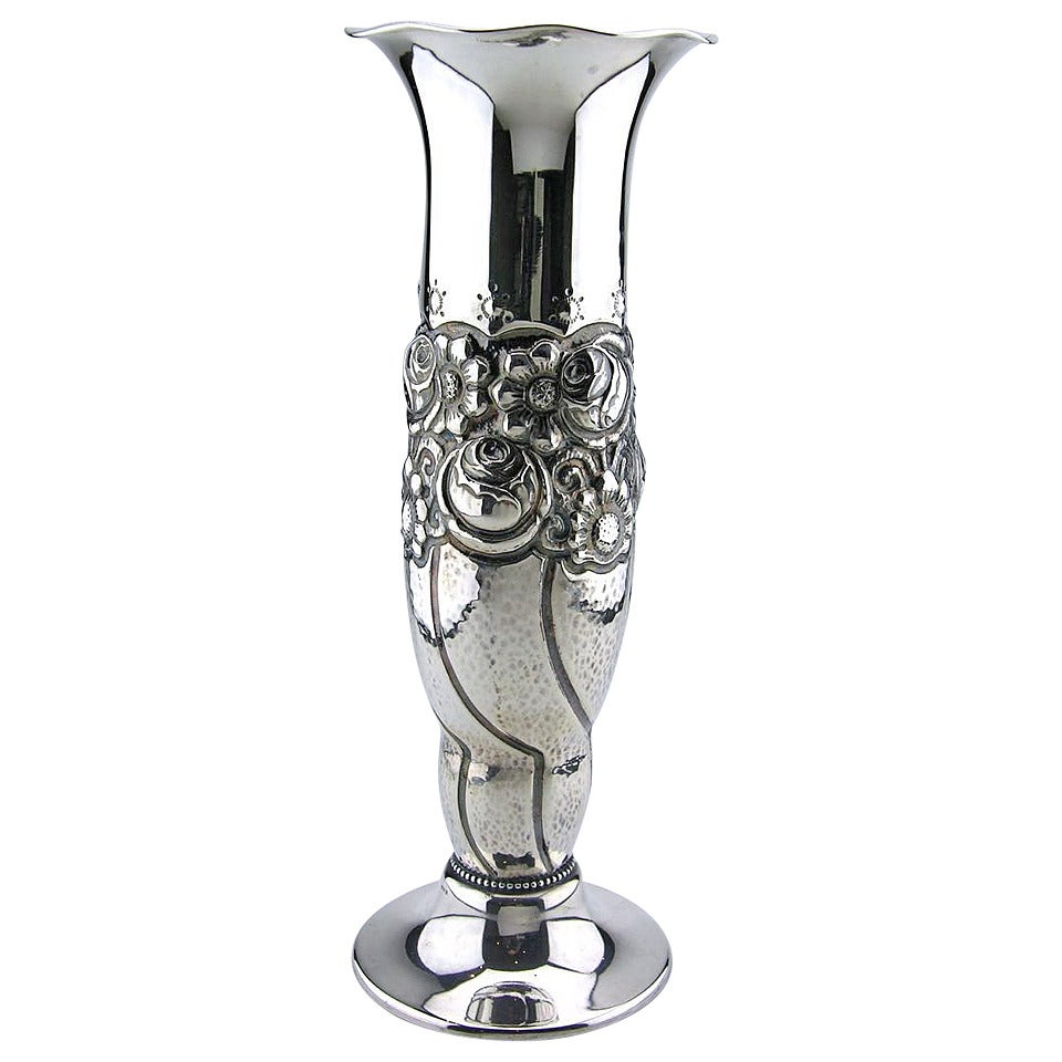 David Andersen Solid Silver Art Deco Trumpet Shape Vase For Sale