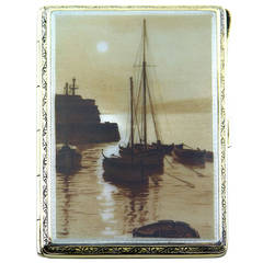 Solid Silver and Sepia Enamel Boating Scene Case