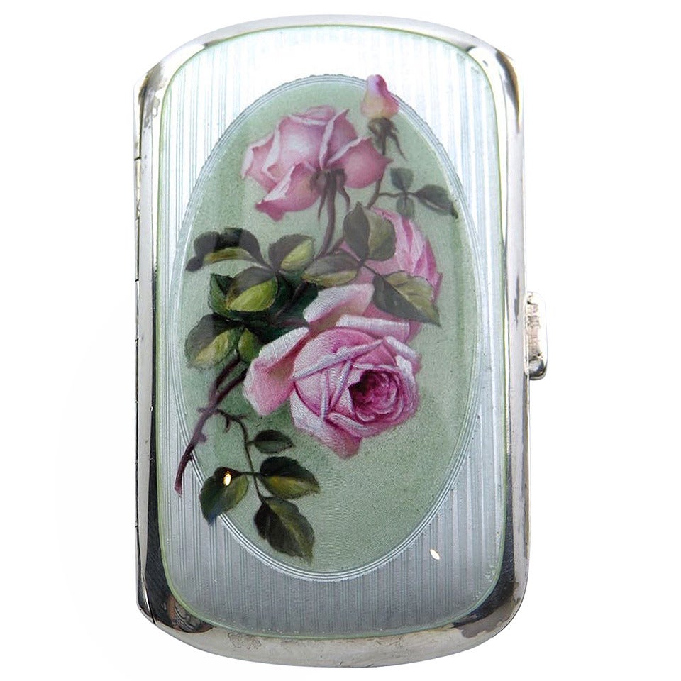 Solid Silver and Enamel Rose Decorated Small Case For Sale