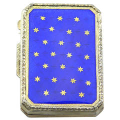 Solid Silver Rectangular Hinged Box with Royal Blue and Gold Star Enamelled Lid