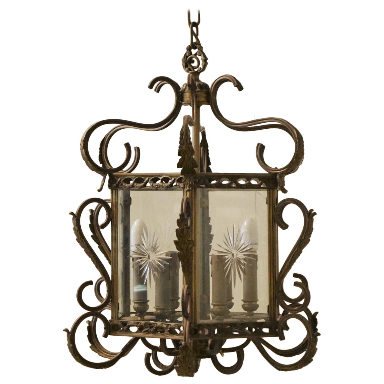 19th Century Bronze Etched Glass Lantern For Sale