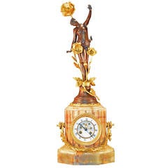 French Art Nouveau Figural Bronze and Onyx Shelf Clock