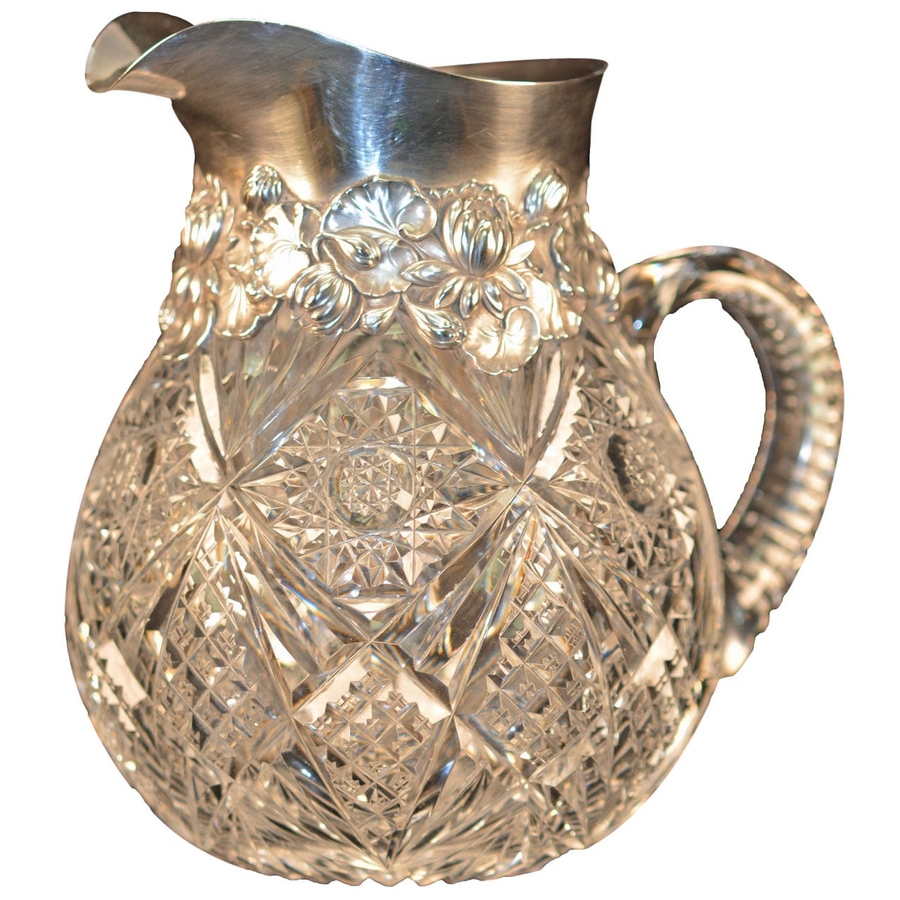 American Brilliant Cut-Glass Pitcher with Large Gorham Sterling Mount
