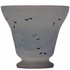 Daum Nancy Cameo Glass Black Birds in Winter Landscape Vase