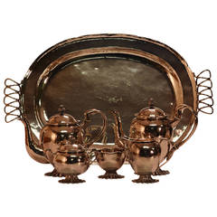 Mid-Century Hand-Wrought Five Pieces Sterling Tea Set on Matching Tray