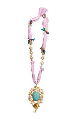 24-Carat Gold and Turquoise Pendant on Pink Silk Necklace