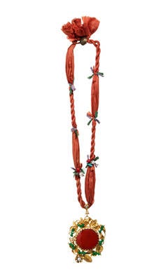 24 Carat Gold and Orange Agate Pendant on Red Silk