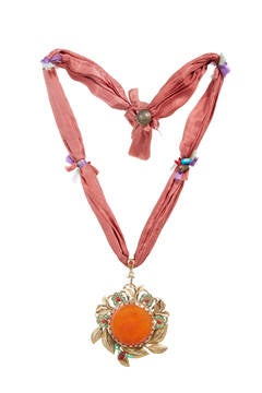 24 Carat Gold and Orange Agate Pendant on Orange Silk