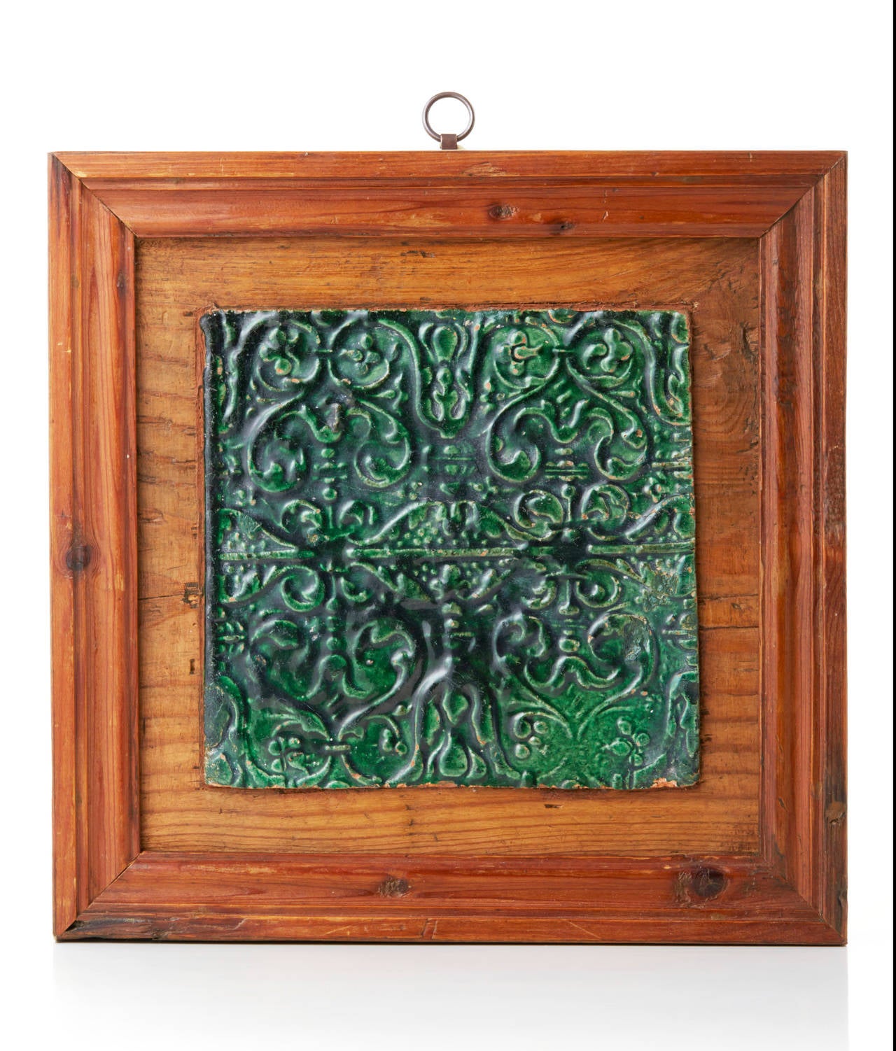 Pair of  framed Austrian engraved Ceramic  tiles, late 15th century.  These tiles were originally part of a late 15th century ceramic Stube, traditionally used in the Austrian and Tiirolese region to heaten up the rooms in the castles. The