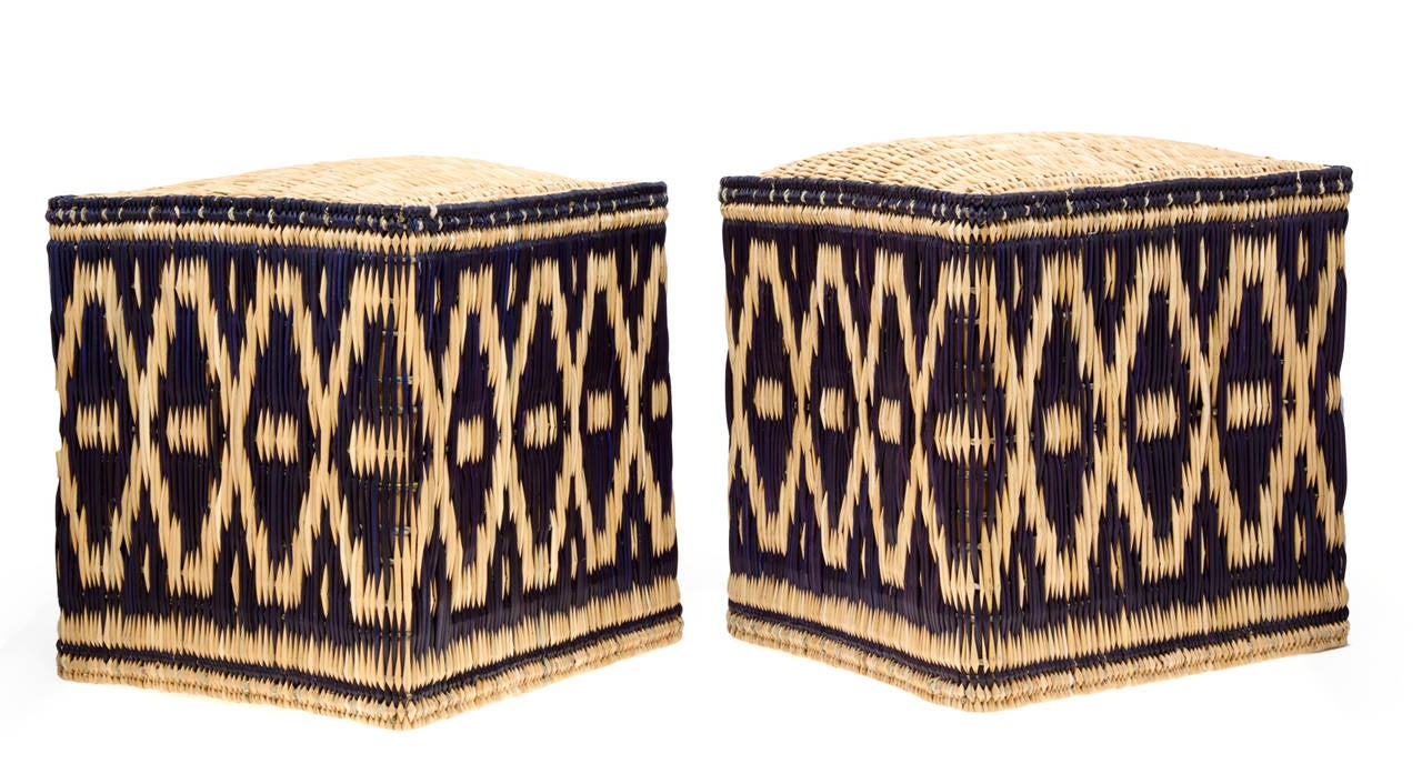 Pair of Hand-woven wicker stools or small tables with a naturally dyed decorative border.  Made to order with estimated delivery time: 60 days. 

40 x 45 cm each.

Price includes the pair.