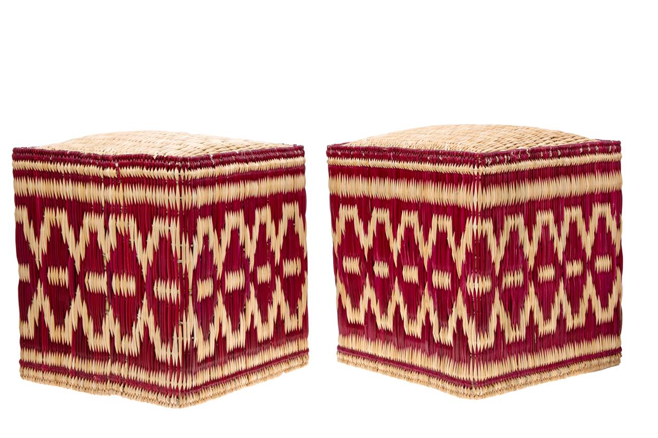 Pair of Hand-woven wicker stools or small tables with a naturally dyed decorative border.  Made to order with estimated delivery time: 60 days

40 x 45 cm.

Price per pair.
