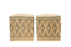 Made to Order Pair of wicker stools with cord decorations.