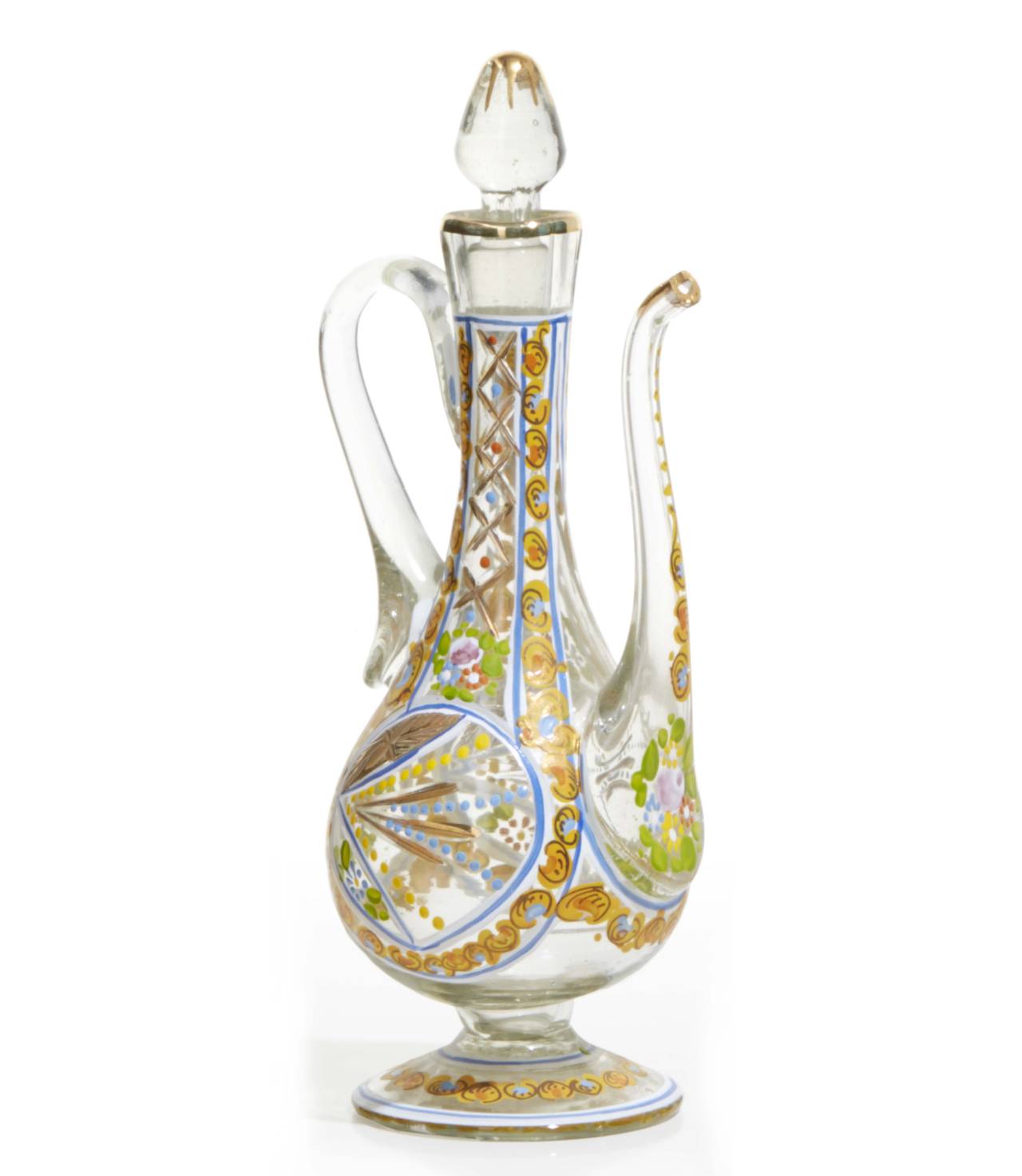 Bohemian enameled hand painted oil and vinegar set and cruet. This extremely rare set has decorative hand painted motifs typical of the Bohemian region in the late 19th Century, circa 1890. Each piece made from hand blown glass.  

cruet: 26 x 11