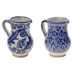 Pair of Antique Blue and White Hand-Painted Moroccan Carafes