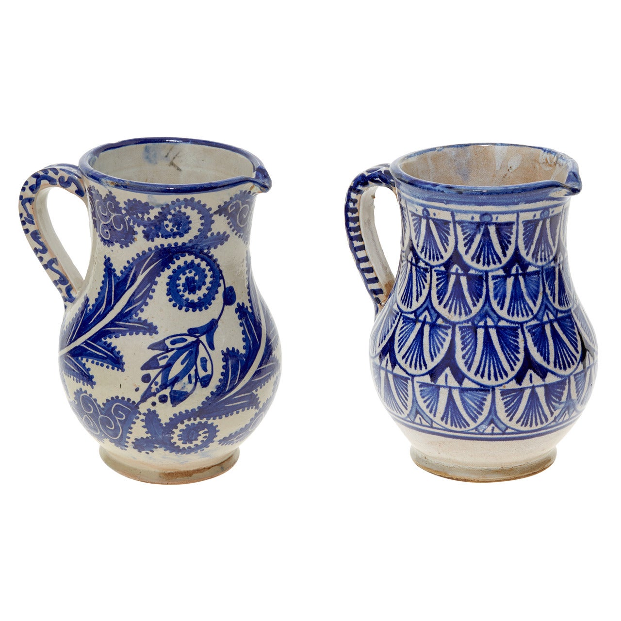 Pair Of Vintage Blue And White Hand Painted Moroccan Carafes For Sale 