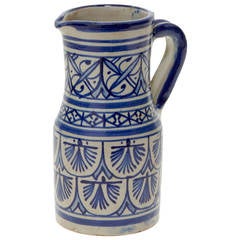 Antique Blue and White Tall, Hand-Painted Moroccan Carafe with Decorative Motifs