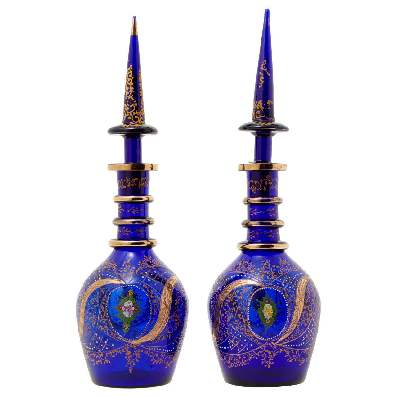Pair of Antique Bohemian Enameled, Hand-Painted Blue Glass Decanters with Lids For Sale